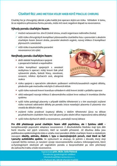 Infografika srovnávající rizika a přínosy vaginálního porodu a císařského řezu