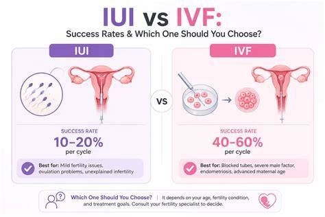 Diagram porovnání IUI a IVF: invazivita, náklady a šance na úspěch