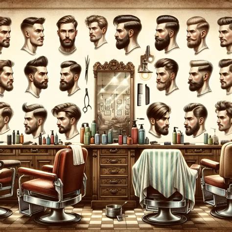Ilustrace různých stylů účesů, od vintage vln po moderní střihy.