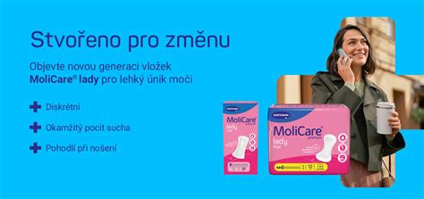 Ukázka různých typů inkontinenčních vložek a plen MoliCare pro muže i ženy.