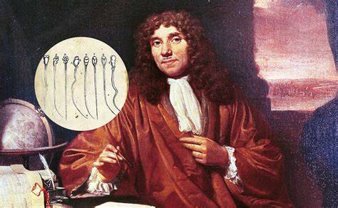 Portrét Antonie van Leeuwenhoek a ilustrace jeho mikroskopů