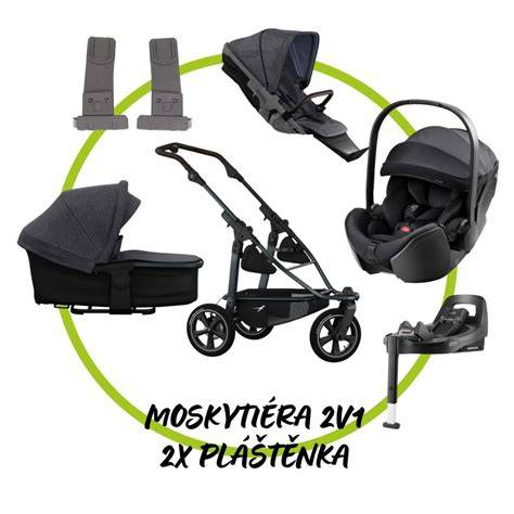 Srovnání konfigurací 3v1 a 2v1, obsah: korba, sportovní sedačka, autosedačka, pláštěnka, síťky, adaptér, taška
