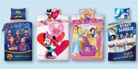 Koláž různých dětských povlečení s fotbalovými a pohádkovými motivy.