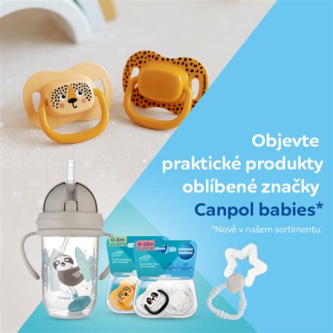 Různé produkty značky Canpol babies, včetně lahviček, dudlíků a hraček