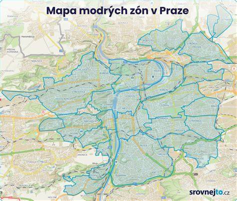 Mapa modré zóny v Praze 1 - vyznačení stání pro rezidenty a abonenty
