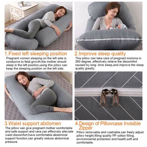 Obrázek znázorňující ergonomický kojící polštář ve tvaru U se zobrazením různých poloh pro těhotenství a kojení