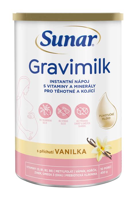 Ilustrace hlavních benefitů nápoje Sunar Gravimilk, jako je obsah DHA, vitaminů a minerálů, a absence přidaných cukrů.