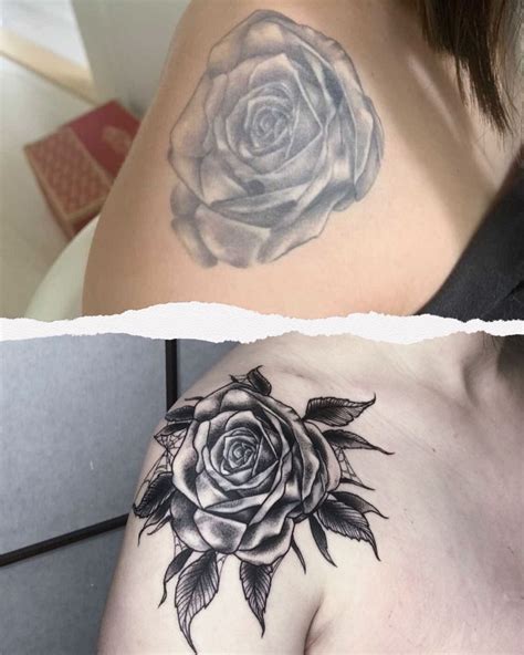 Příklad před a po cover-up tetování na břiše.