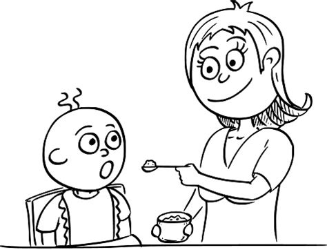 Ilustrace matky a dítěte, které se snaží kojit, s jemným náznakem frustrace u matky.