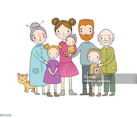 Ilustrace rodiny s babičkou a dědečkem hrající si s vnoučetem