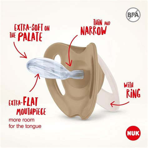 schéma anatomie dudlíku NUK Star s vyznačenými měkkými zónami a prostorem pro jazyk