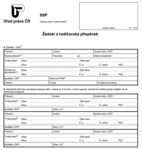 Ukázka vyplněného formuláře pro žádost o rodičovský příspěvek