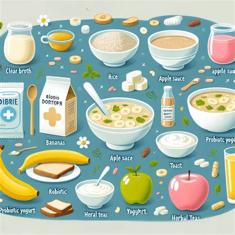 koláž různých dietních potravin vhodných při průjmu u dětí
