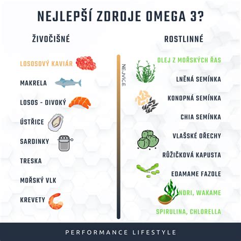 Infografika zobrazující zdroje omega-3 mastných kyselin