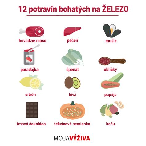 infografika znázorňující potraviny bohaté na železo a doporučení pro doplňky stravy