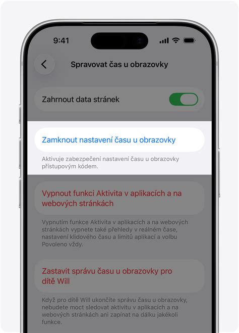Screenshot rozhraní nastavení Času u obrazovky na iPhonu.