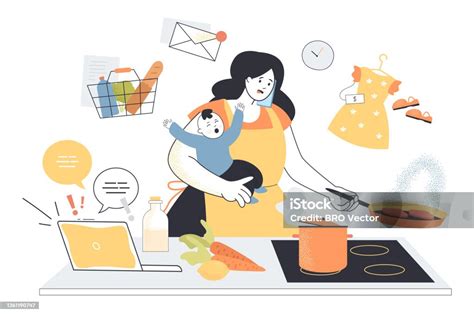 ilustrace maminky s plačícím dítětem a unaveným výrazem