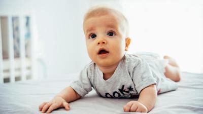 Miminko ve 3 měsících, které pase koníčky a opírá se o lokty