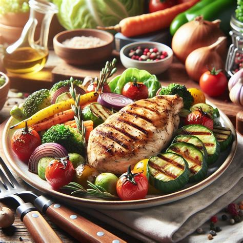 barevný talíř s grilovanou zeleninou a kuřecím masem