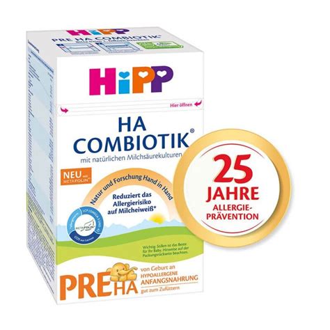 Schéma složení HiPP HA Combiotik s vyznačením klíčových složek pro hypoalergenní výživu.