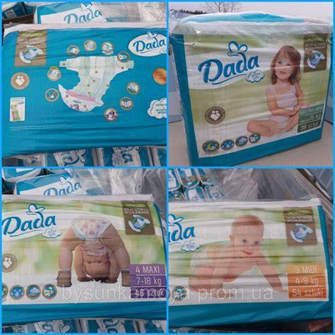 Infografika srovnání velikostí plen Pampers a DADA: rozměry, hmotnost a modely