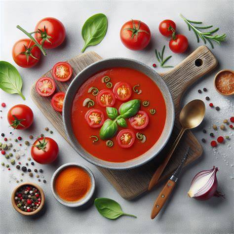 Rajčatová polévka - ilustrace ingrediencí a postupů