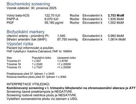 Infografika: Interpretační schéma volné beta-hCG a MoM při prvotrimestrálním screeningu