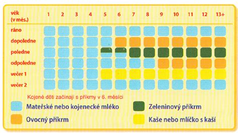 grafické znázornění doporučeného postupu zavádění příkrmů podle věku dítěte