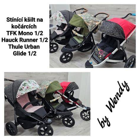 Obrázek znázorňující různé typy slunečních clon na kočárky v růžové barvě
