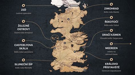 Mapa Západozemí s vyznačenými klíčovými lokacemi: Zimohrad, Harrenhal, Královo přístaviště, Věž radosti.