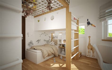 Ilustrace moderního dětského pokojíčku s přírodními prvky a kombinovatelným nábytkem