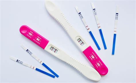 balení ovulačních testů a vzorový pozitivní a negativní test