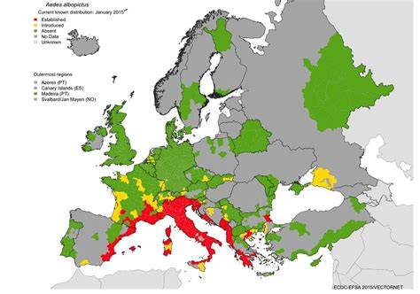 Mapa rozšíření Aedes albopictus v Evropě a riziková místa