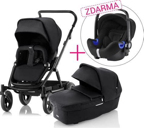 Schéma kočárku 3 v 1 s vyznačenými komponenty: podvozek, autosedačka, hluboká korba, sportovní sedačka.