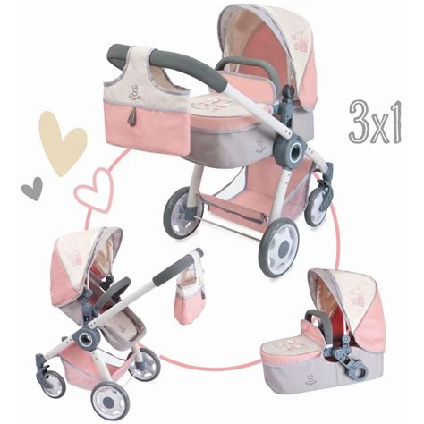 Ilustrace různých modelů kočárků pro panenky z kolekce DeCuevas, včetně modelů Sophie, Verona a Tulipe, s detailním zobrazením tašek a funkcí 3 v 1.