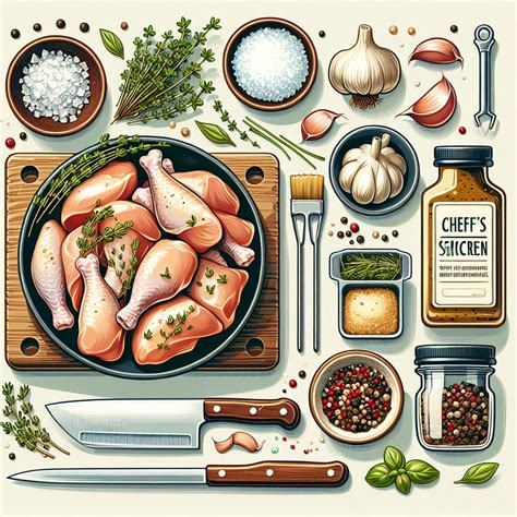 Ilustrace kuřete s bylinkami, symbolizující přípravu zdravého pokrmu