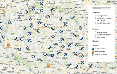 Mapa dostupnosti servisů a servisních partnerů Dorjan v PRV, ilustrační