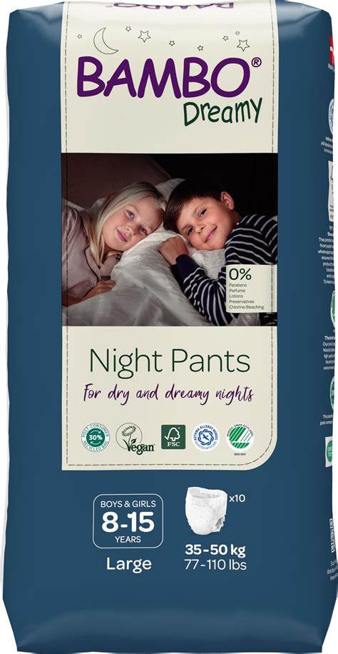 Obal produktu Bambo Dreamy Night Pants s vyznačenými velikostmi a hmotnostmi.